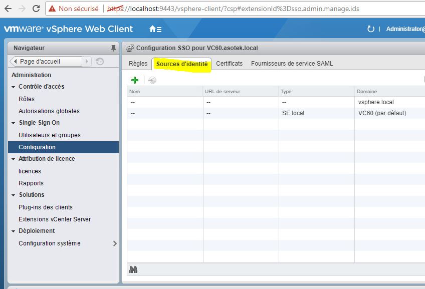 vCenter : Ajouter une source d'identité Active Directory à vCenter SSO