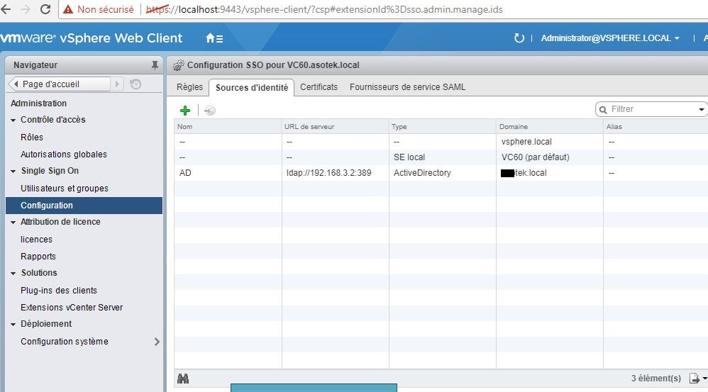 vCenter : Ajouter une source d'identité Active Directory à vCenter SSO
