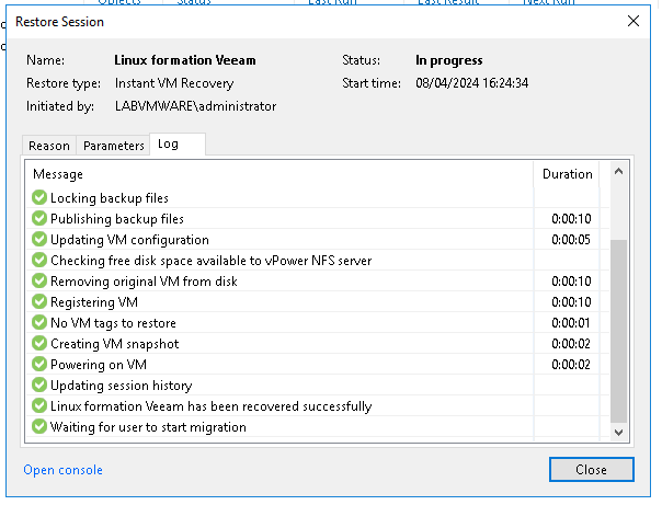 Restauration instantanée de VM avec l'Instant VM Recovery de Veeam Backup