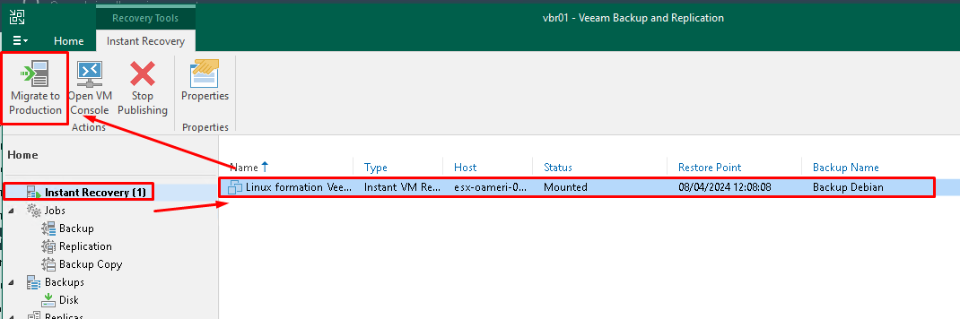 Restauration instantanée de VM avec l'Instant VM Recovery de Veeam Backup
