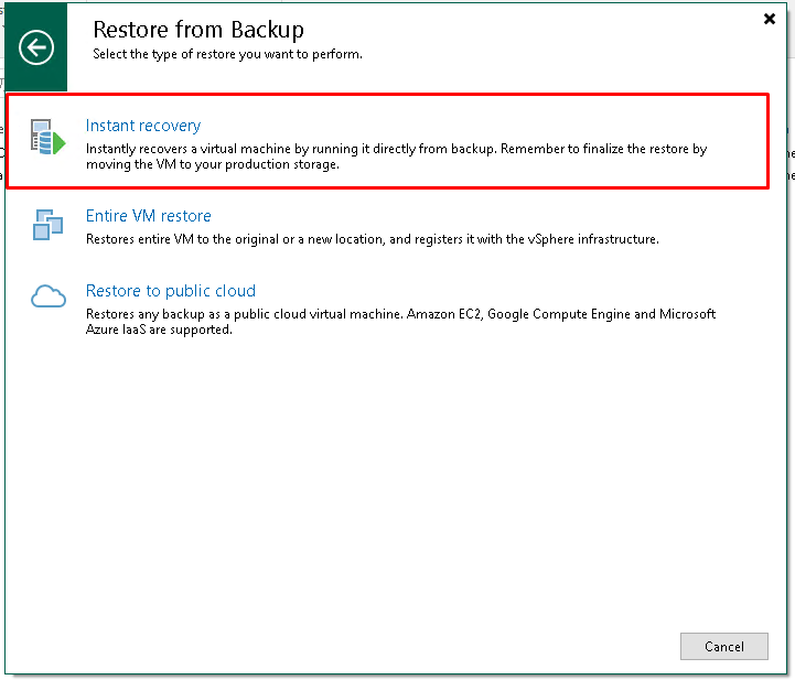 Restauration instantanée de VM avec l'Instant VM Recovery de Veeam Backup