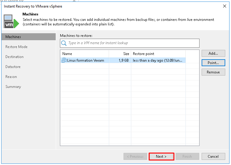 Restauration instantanée de VM avec l'Instant VM Recovery de Veeam Backup